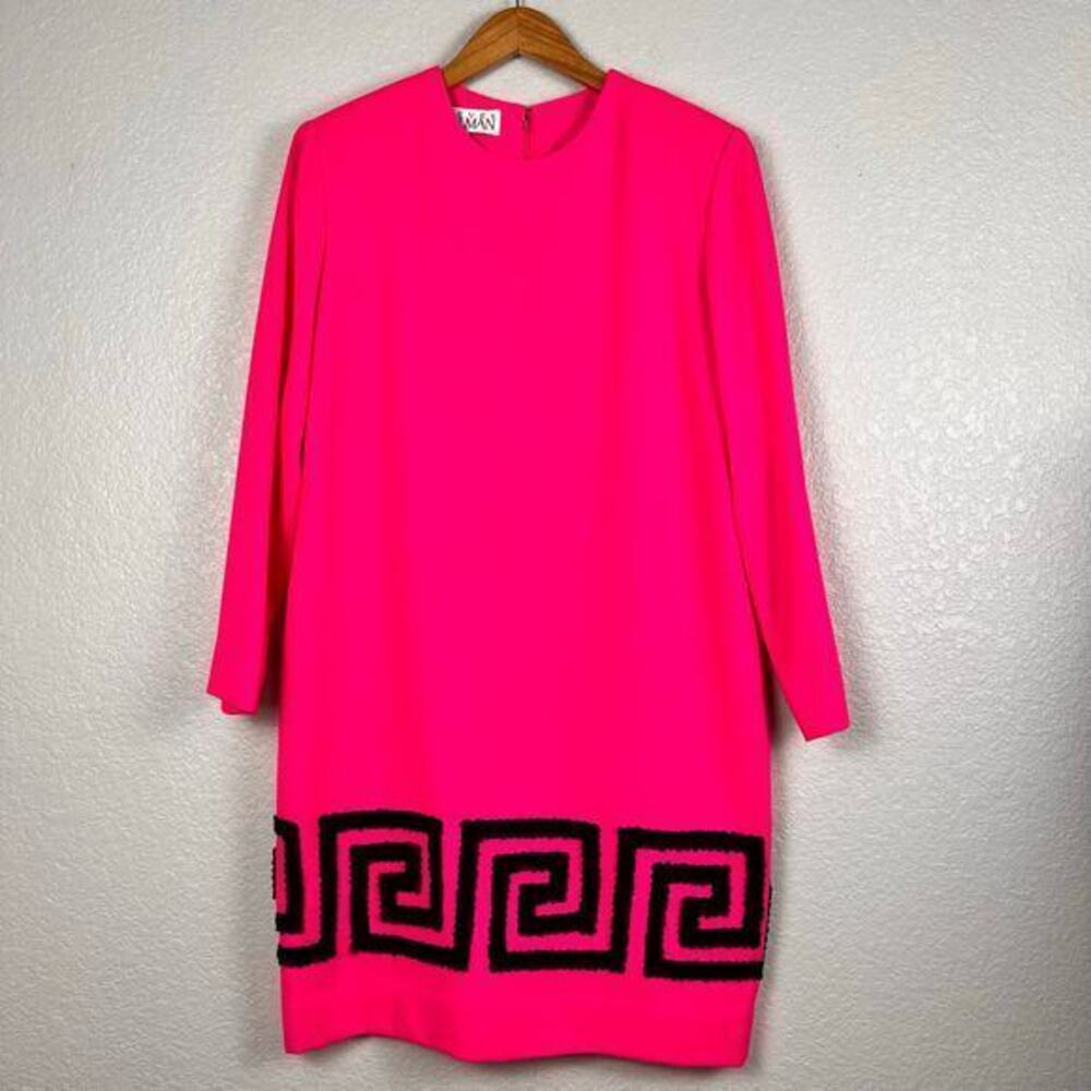 Vtg Steven Stolman Shift Dress‎ Womens 10/12 Wool Hot Pink Greek Key Mod Retro